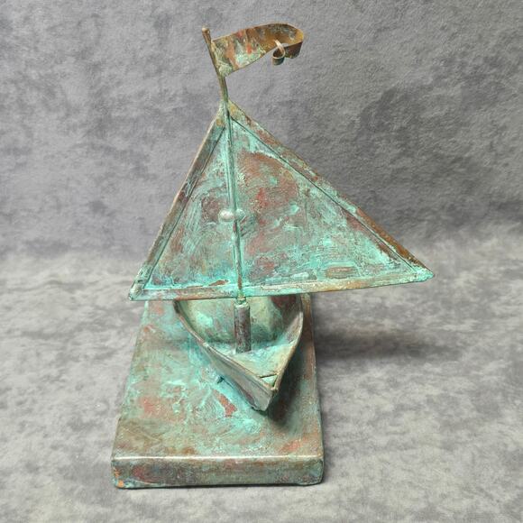 Vintage Copper Brass Tone Metal Sailboat w. Movable Sail Nautical Ship Boat Sea - Picture 5 of 11